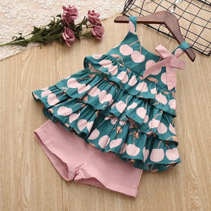 Girls Floral Children Sleeveless T-shirt+Solid Shorts 2PCS