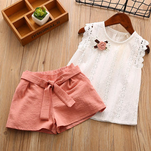 Girl Floral Sleeveless T-shirt+Solid Shorts 2PCS Suit Fashion 3-7T