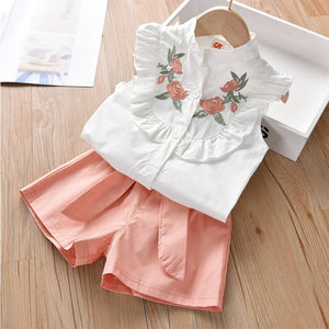 Girl Floral Sleeveless T-shirt+Solid Shorts 2PCS Suit Fashion 3-7T