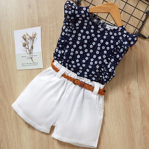 Beautiful Girls Floral Flower Sleeve O-neck Clothing Shorts Suit 2Pcs Clothes