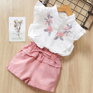 Beautiful Girls Floral Flower Sleeve O-neck Clothing Shorts Suit 2Pcs Clothes