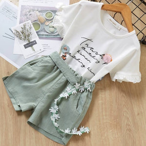 Beautiful Girls Floral Flower Sleeve O-neck Clothing Shorts Suit 2Pcs Clothes