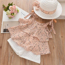 Load image into Gallery viewer, Girls Sleeveless Sling Floral Chiffon Clothes Suits And Straw Hat 3pcs