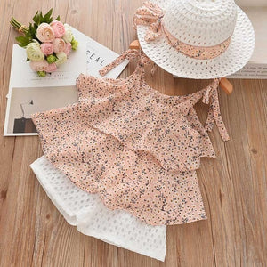 Girls Sleeveless Sling Floral Chiffon Clothes Suits And Straw Hat 3pcs