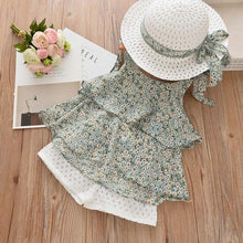 Load image into Gallery viewer, Girls Sleeveless Sling Floral Chiffon Clothes Suits And Straw Hat 3pcs