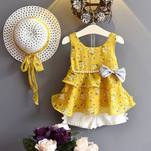 Load image into Gallery viewer, Girls Sleeveless Sling Floral Chiffon Clothes Suits And Straw Hat 3pcs