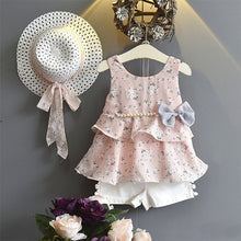 Load image into Gallery viewer, Girls Sleeveless Sling Floral Chiffon Clothes Suits And Straw Hat 3pcs