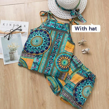 Load image into Gallery viewer, Girls Sleeveless Sling Floral Chiffon Clothes Suits And Straw Hat 3pcs