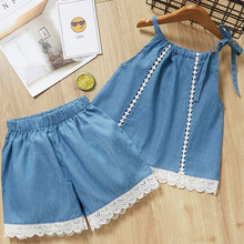 Load image into Gallery viewer, Girls Sleeveless Sling Floral Chiffon Clothes Suits And Straw Hat 3pcs