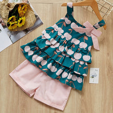 Load image into Gallery viewer, Girls Sleeveless Sling Floral Chiffon Clothes Suits And Straw Hat 3pcs