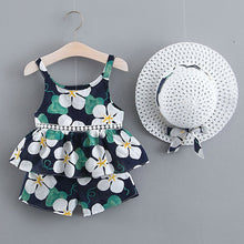 Load image into Gallery viewer, Girls Sleeveless Sling Floral Chiffon Clothes Suits And Straw Hat 3pcs