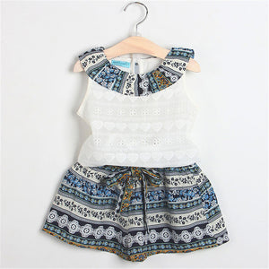 Girls Sleeveless Sling Floral Chiffon Clothes Suits And Straw Hat 3pcs