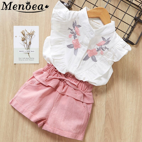 Beautiful Girls Floral Flower Sleeve O-neck Clothing Shorts Suit 2Pcs Clothes