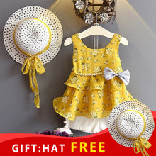 Load image into Gallery viewer, Girls Sleeveless Sling Floral Chiffon Clothes Suits And Straw Hat 3pcs