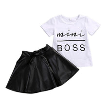 Load image into Gallery viewer, 2PCS Toddler Girl Clothes Short Sleeve Mini Boss T-shirt Tops + Leather Skirt Outfit