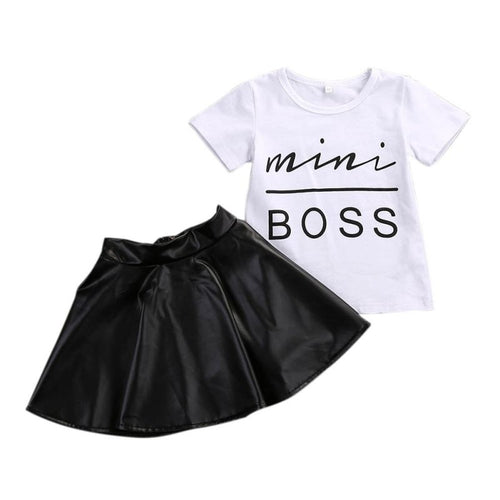 2PCS Toddler Girl Clothes Short Sleeve Mini Boss T-shirt Tops + Leather Skirt Outfit