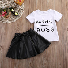 Load image into Gallery viewer, 2PCS Toddler Girl Clothes Short Sleeve Mini Boss T-shirt Tops + Leather Skirt Outfit