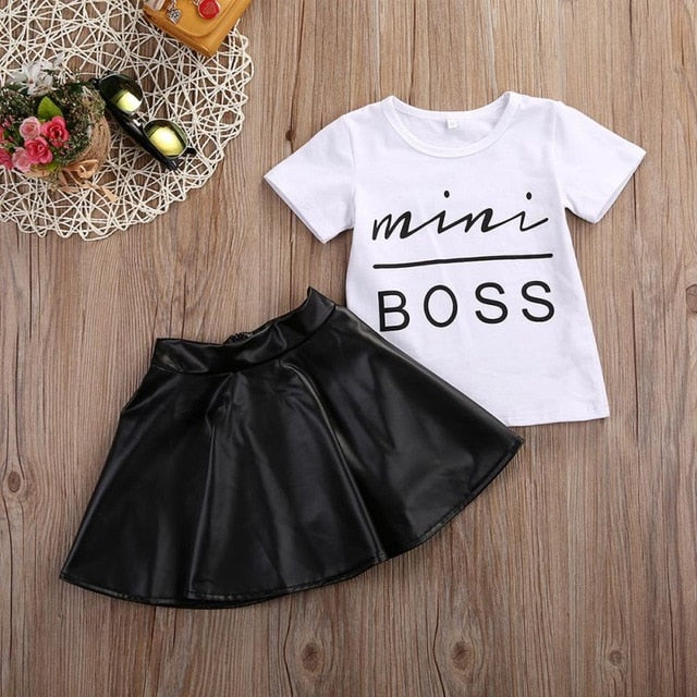 2PCS Toddler Girl Clothes Short Sleeve Mini Boss T-shirt Tops + Leather Skirt Outfit