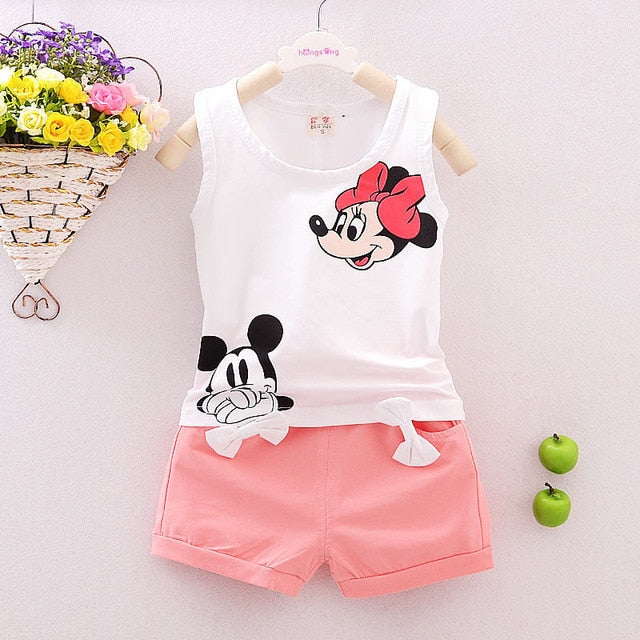 Summer Mickey Toddler Girl Set Bow T-shirt Tops+Short Pant 2PCS Outfits