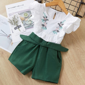 Girls Beautiful Floral Flower Sleeve, O-neck Clothing, Shorts Suit 2Pcs Clothes