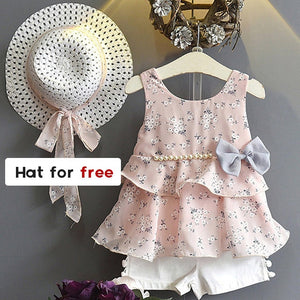 Girls summer Clothing Floral Chiffon Halter+Embroidered Shorts Straw