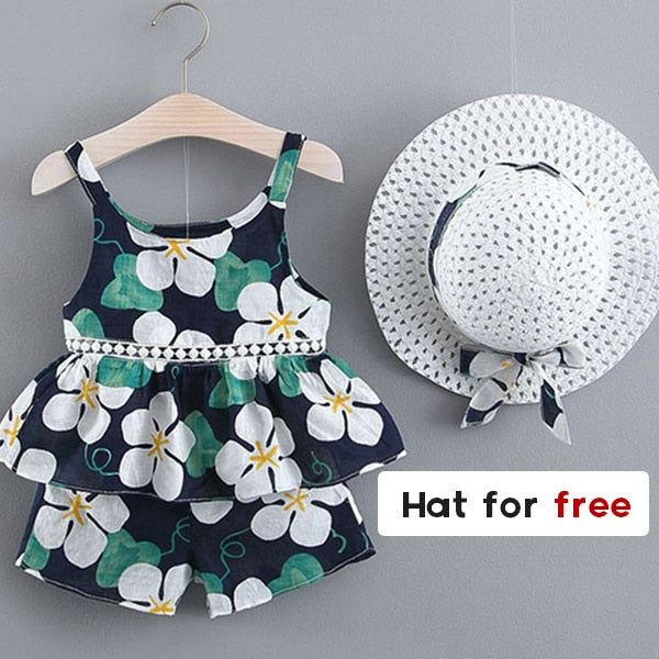 Girls summer Clothing Floral Chiffon Halter+Embroidered Shorts Straw