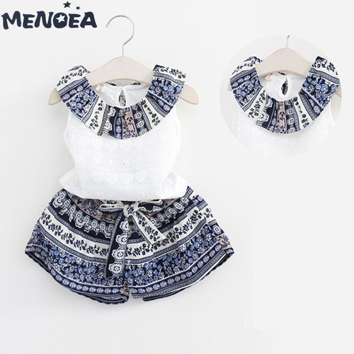 Girls Clothes Sleeveless Printing T-Shirt+Short 2Pcs Children Suits