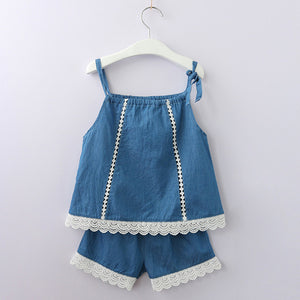 Girls Clothes Sleeveless Printing T-Shirt+Short 2Pcs Children Suits