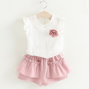 Girls Clothes Sleeveless Printing T-Shirt+Short 2Pcs Children Suits