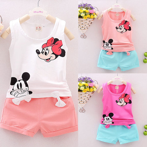Summer Mickey Toddler Girl Set Bow T-shirt Tops+Short Pant 2PCS Outfits